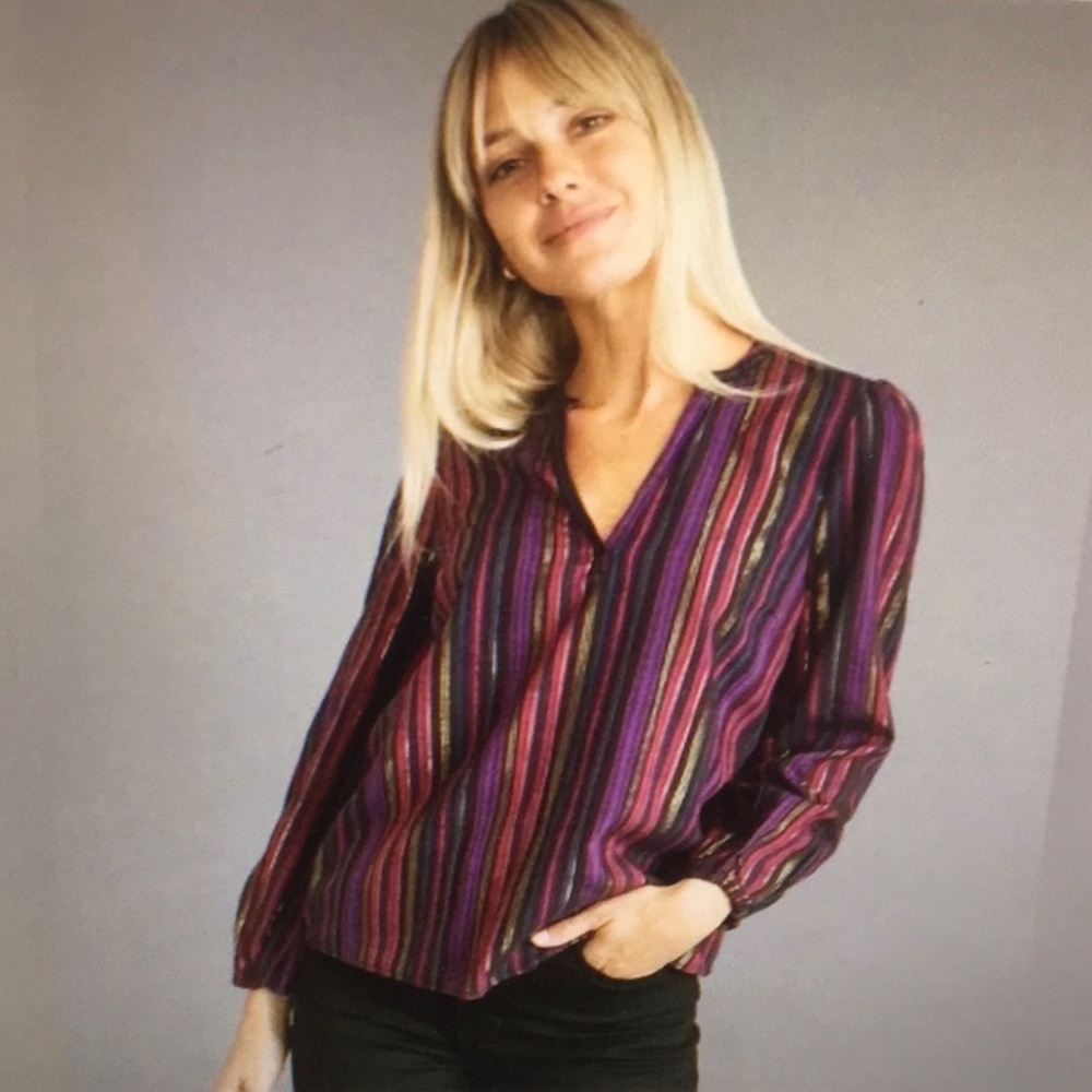 MARINE LAYER/JAMIE BANDED  COLLAR- PURPLE & GOLD METALLIC THREAD BOHO TOP